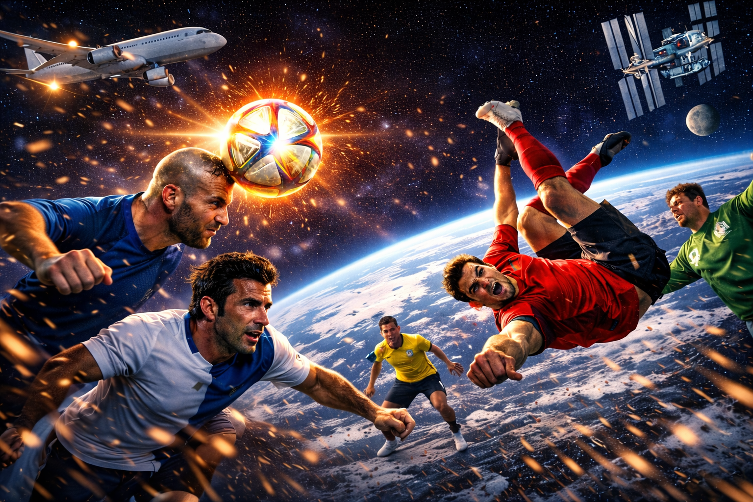 Editorial illustration of football meeting spaceflight