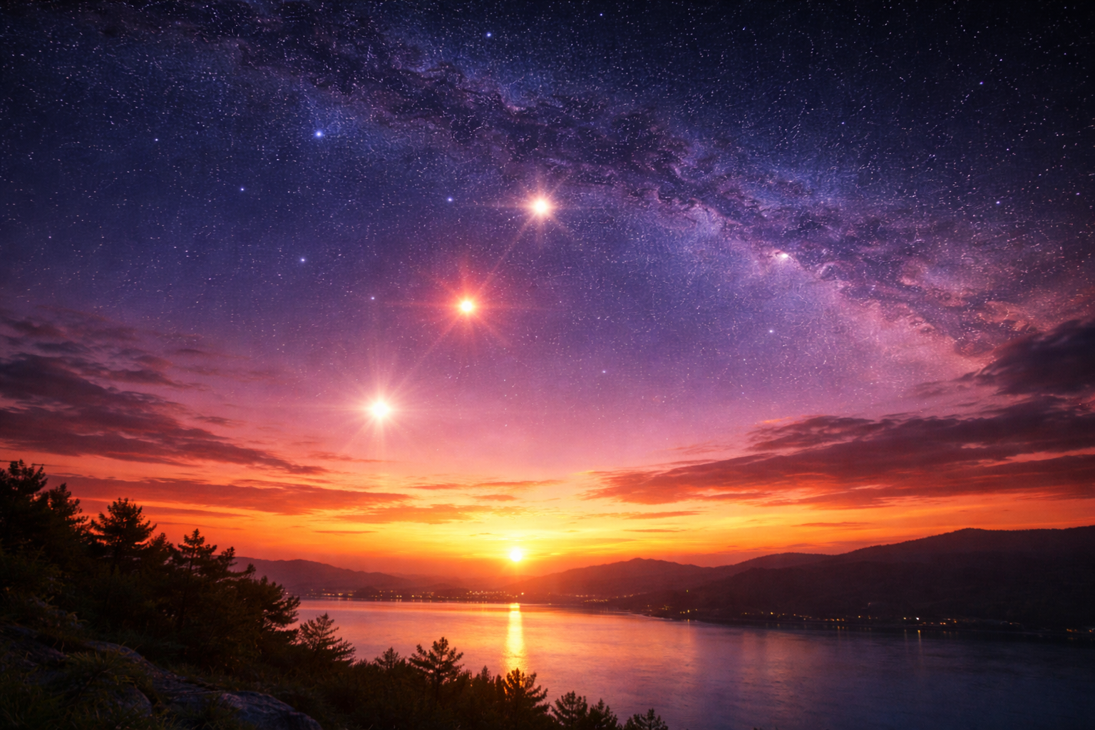 Editorial illustration of a predawn planetary gathering above the horizon