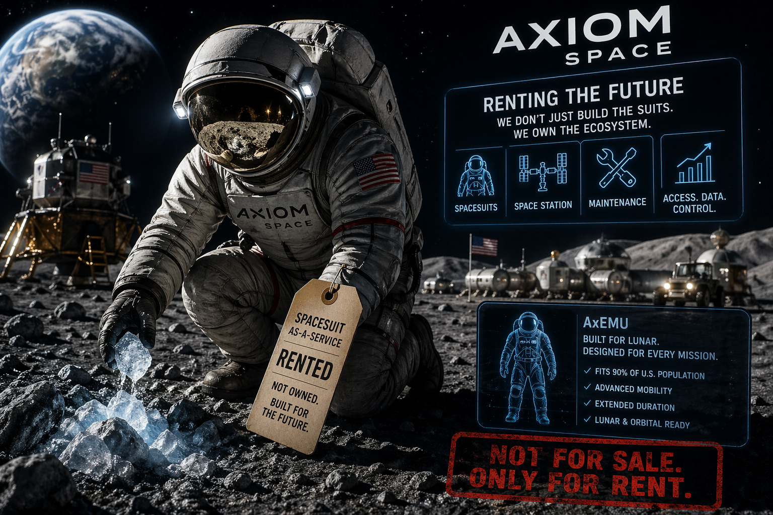 Editorial illustration of an Axiom Space lunar suit on the Moon with service-layer messaging