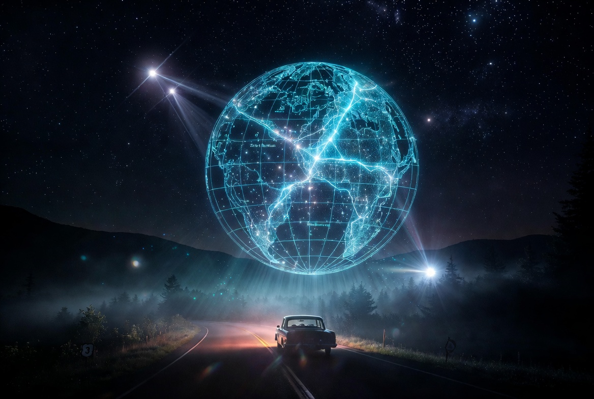 Editorial illustration of a glowing star map over a dark road