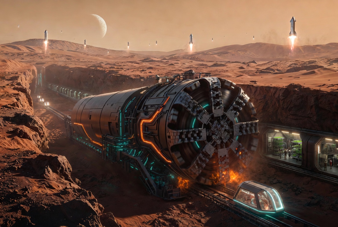 Editorial illustration of an underground Mars habitat network