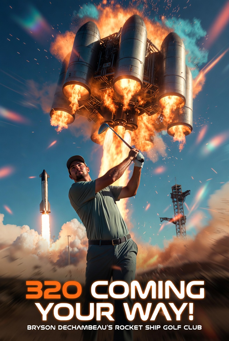 Editorial illustration of Bryson DeChambeau-inspired golf engineering meeting rocket culture