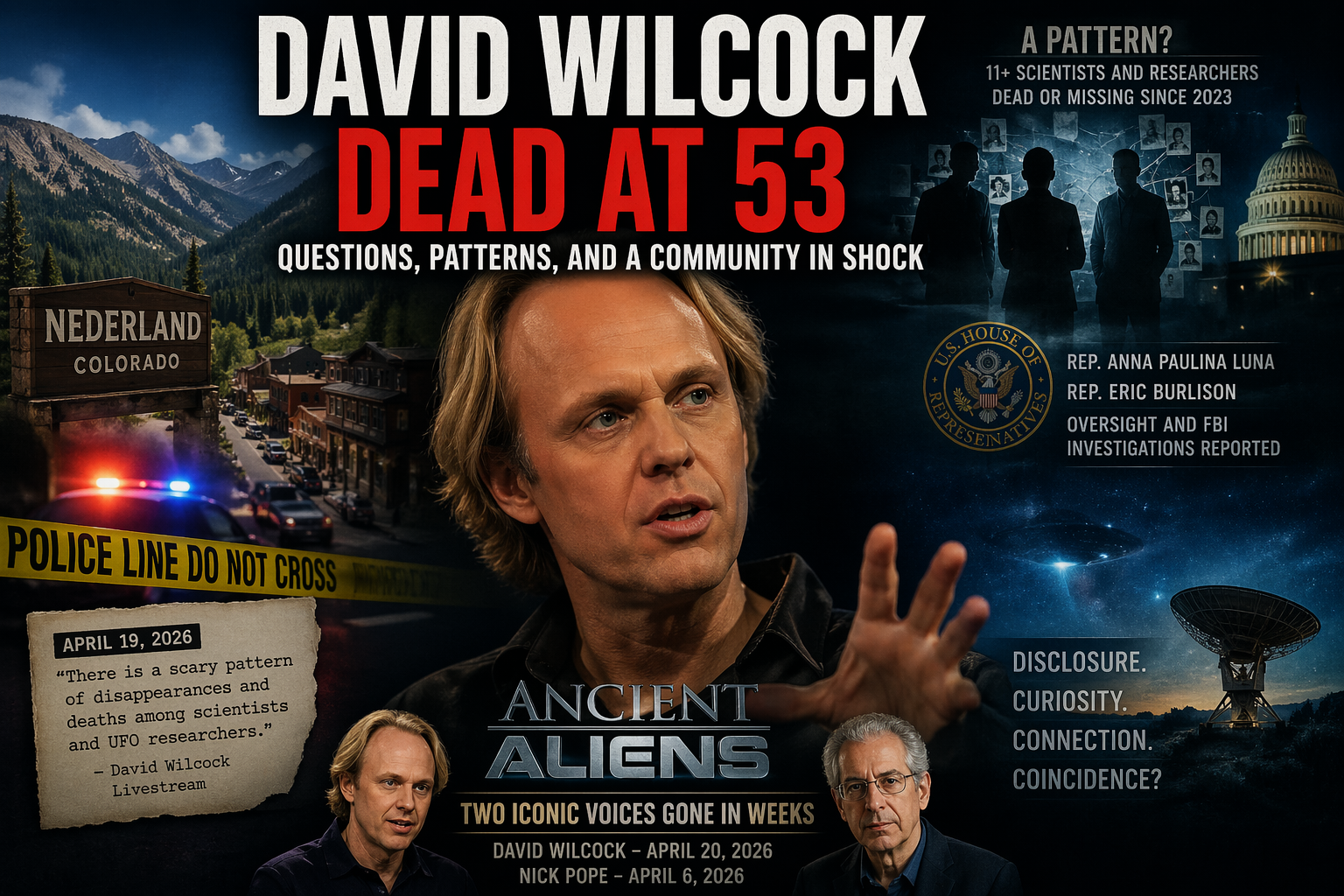 Editorial illustration of David Wilcock amid UAP culture and public scrutiny