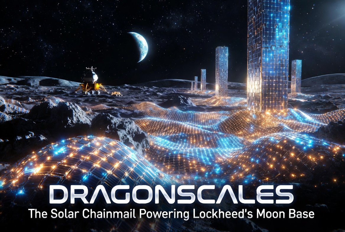 Editorial illustration of DragonSCALES-style lunar solar towers