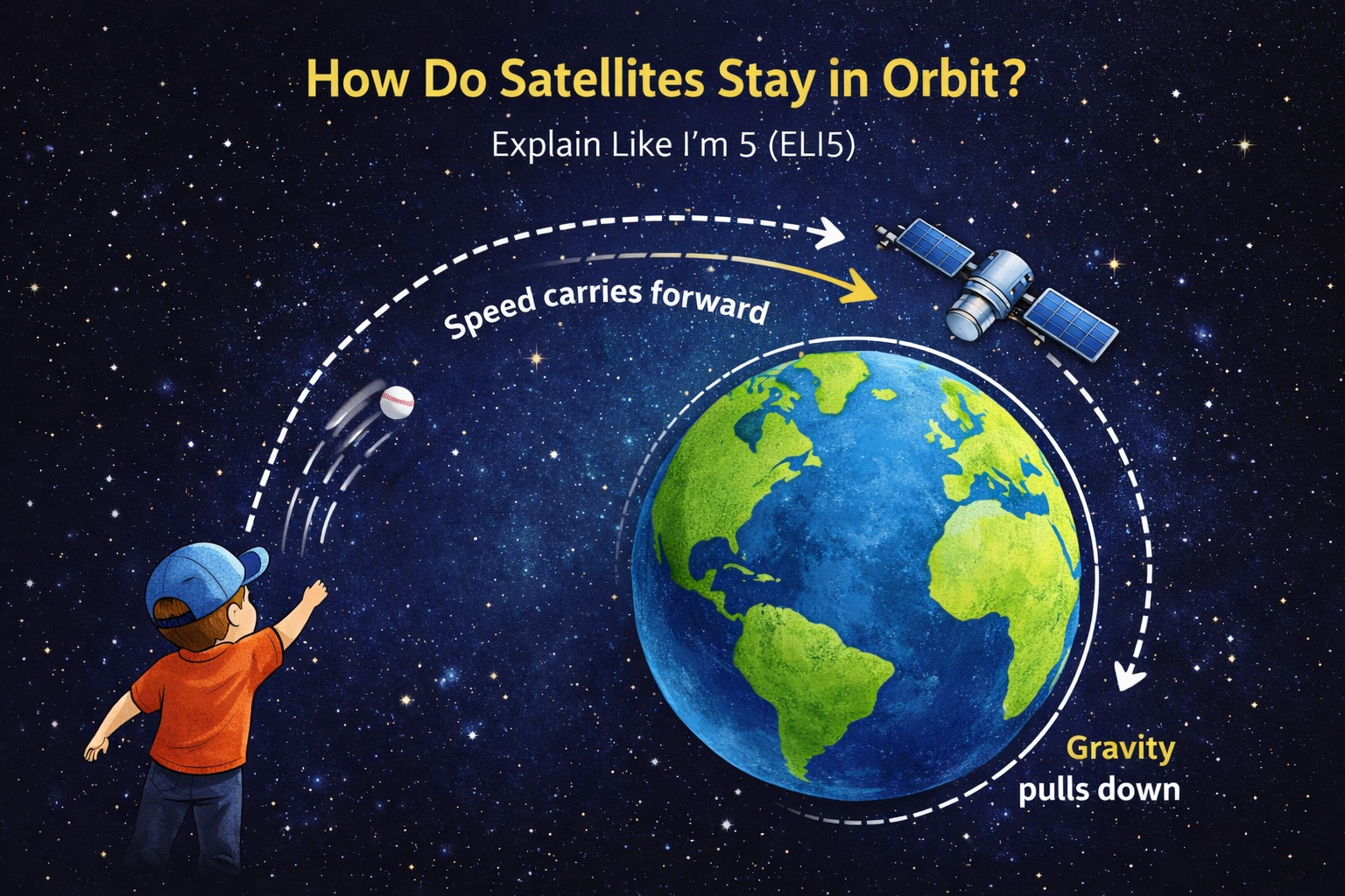 Illustration explaining how satellites stay in orbit around Earth.