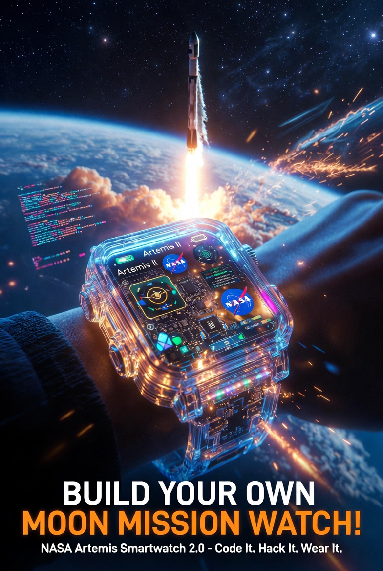 Editorial illustration of the Artemis Watch 2.0 as a coding-focused STEM device