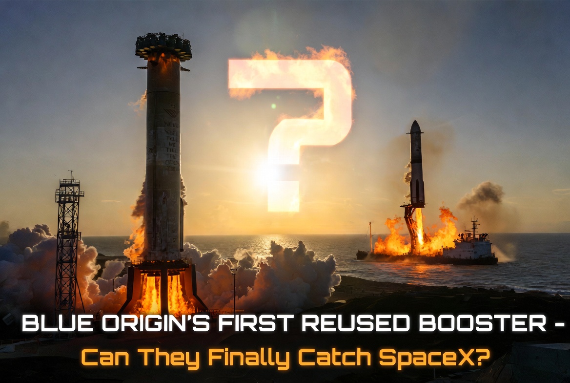 Editorial illustration of New Glenn booster reuse and commercial launch competition