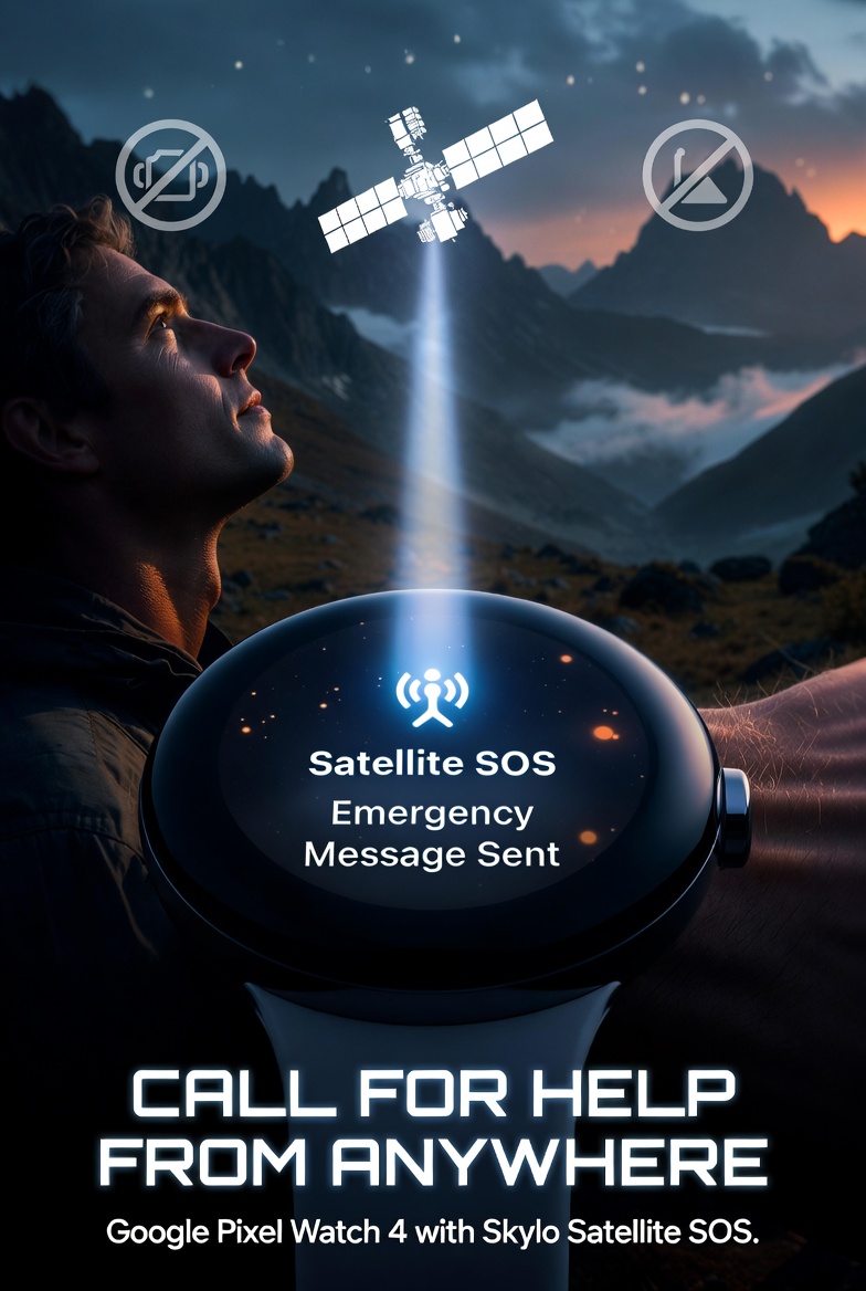 Editorial illustration of satellite emergency messaging on a smartwatch