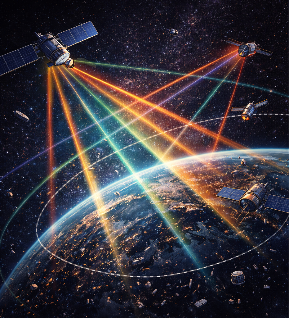 Illustration of multiple satellites transmitting overlapping communication beams toward Earth, representing rising competition for radio spectrum and orbital access.