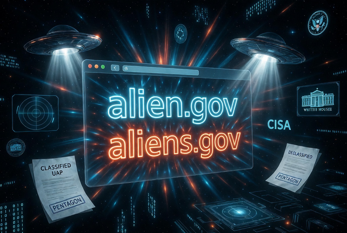 Editorial illustration of alien.gov and aliens.gov glowing on a browser screen
